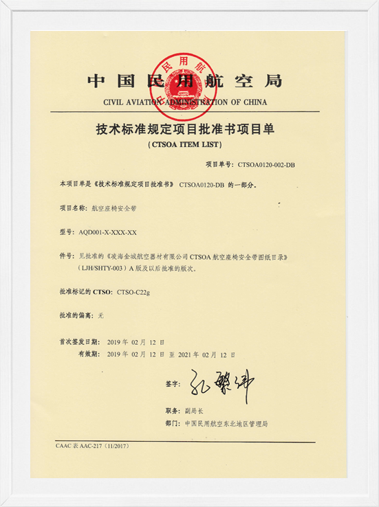 凌海win必赢CTSOA项目单-航空座椅安全带